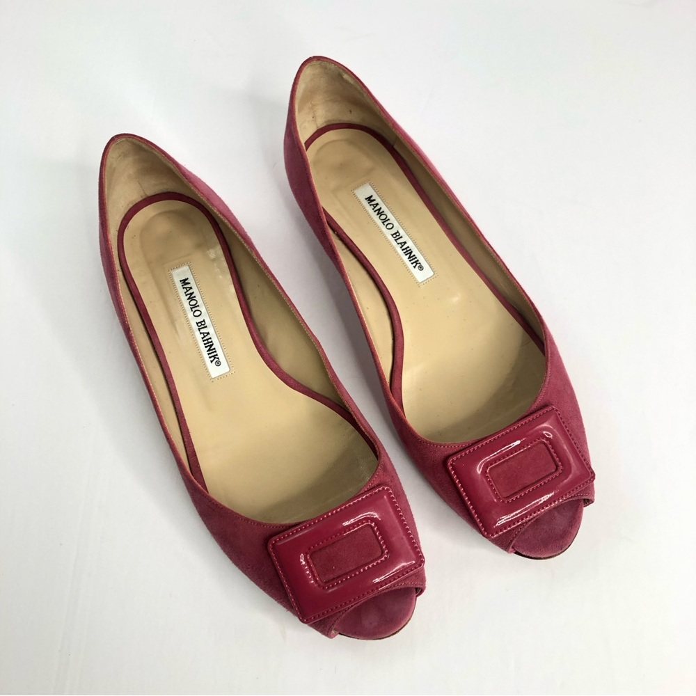 Manolo Blahnik Hot Pink Suede Peep Toe Flats Size 39